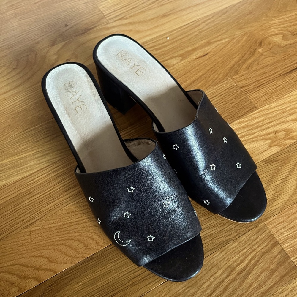 Raye Moon & Stars Heeled Black Sandals.